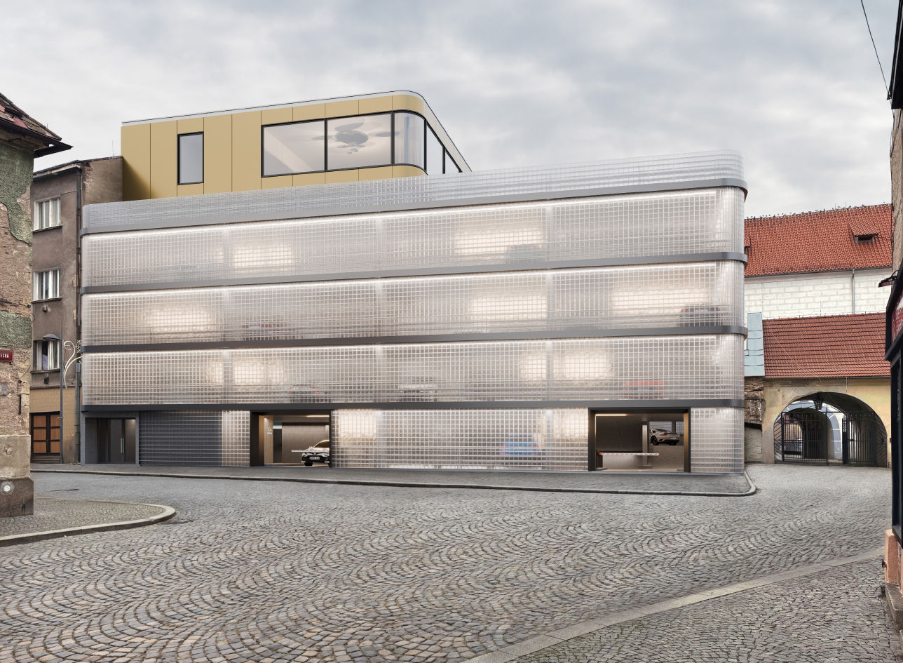 Parkovací dům Kolín BP – přední fasáda